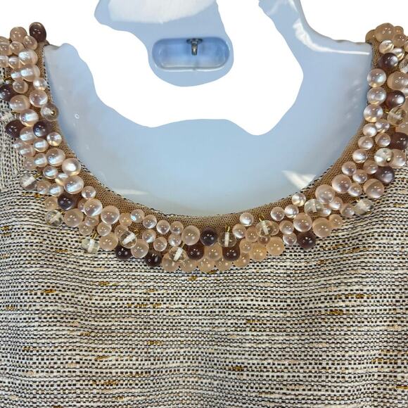 ETCETERA Beige Gold Sleeveless Tweed Sheath Dress Beaded Collar Belted Women's 2 - Picture 3 of 9